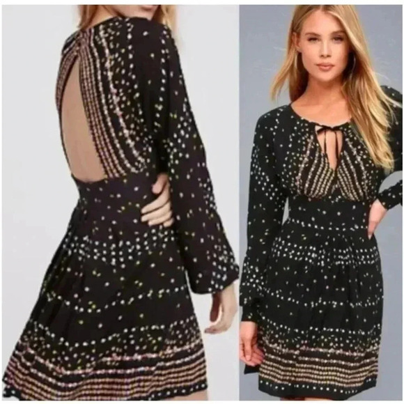 Free People Coryn Print Long Sleeve Open Back Mini Dress Black Multicolor Sz 4 - Picture 1 of 10